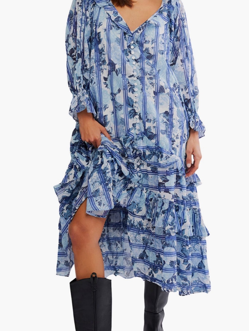 Free People Blue Floral Stripe Tiered Midi Dress
